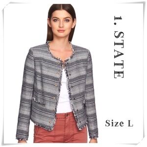 1.STATE Rustic Fringe Stripe Tweed Jacket Blue / White 51323